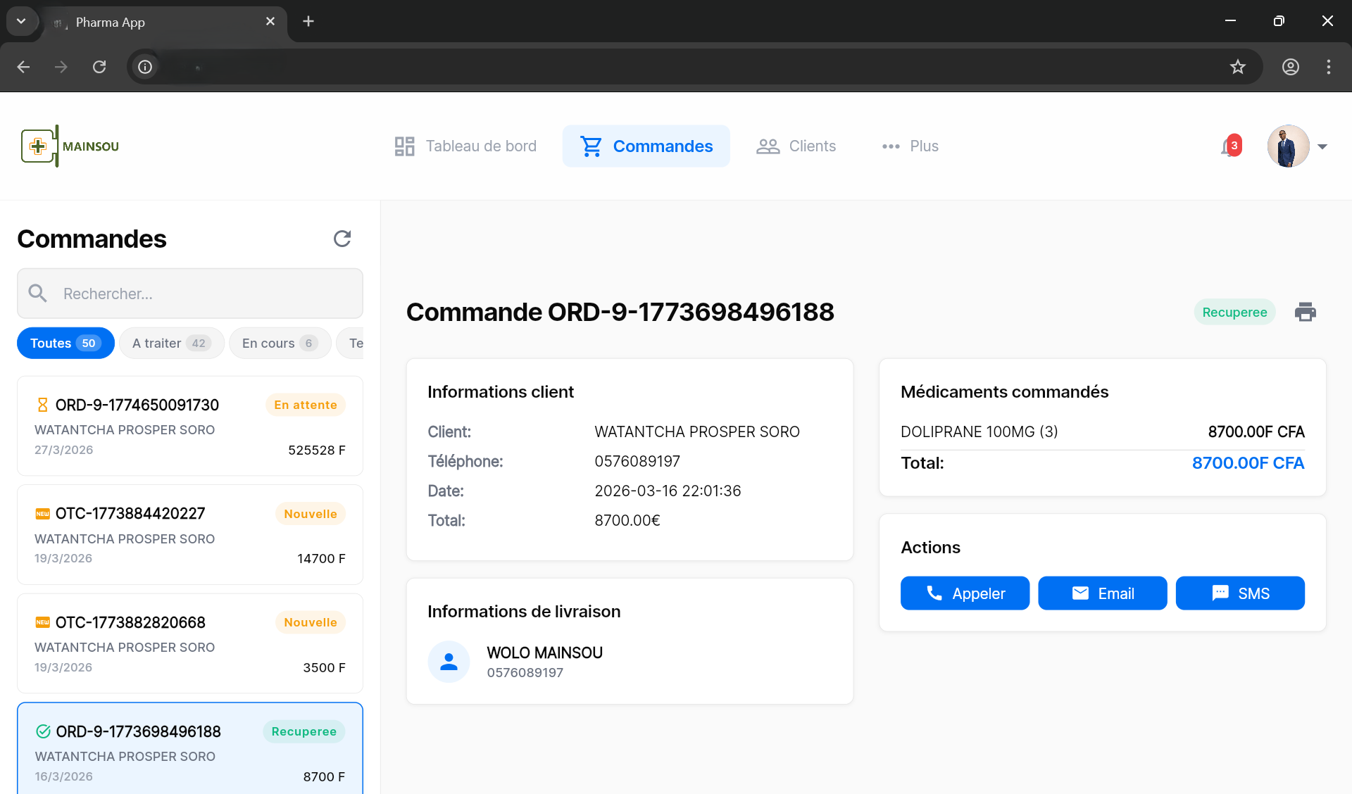 Pharma App — Dashboard commandes